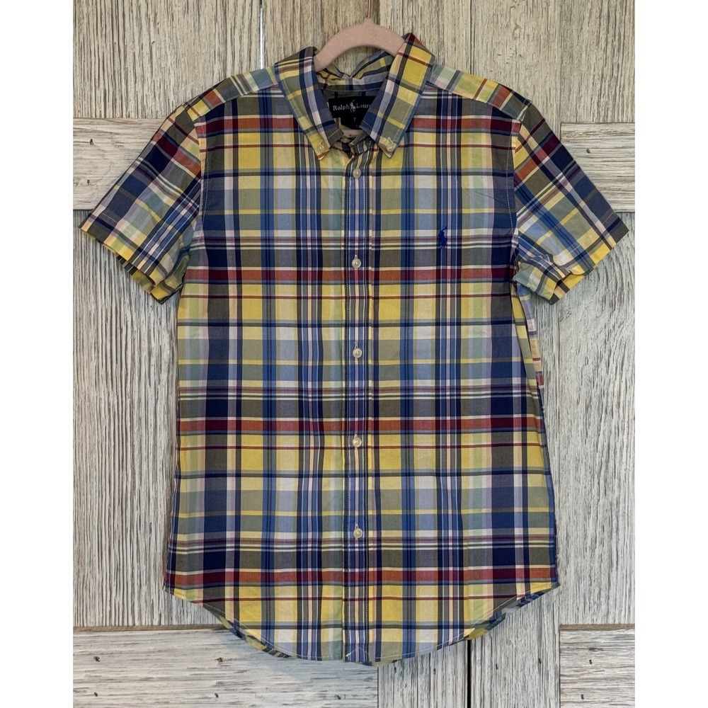 Ralph Lauren Short Sleeve Plaid Shirt Boys Yellow Blue White Button Sz 7